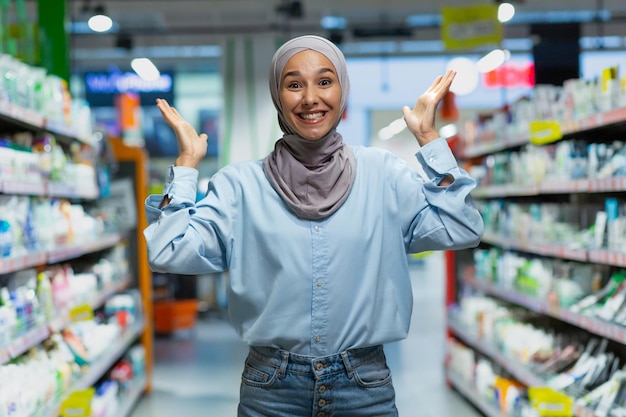 Portrait of a young Muslim woman in a hijab standing in a supermarket in the department of household chemicals Shows with his hands chooses a product looks into the camera poses advertises