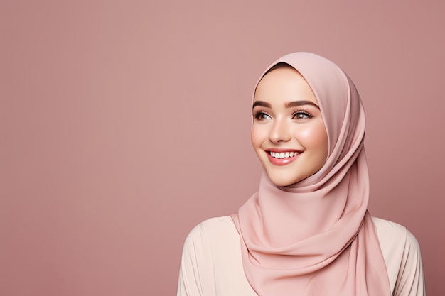 Portrait of young muslim woman smiling with copy space