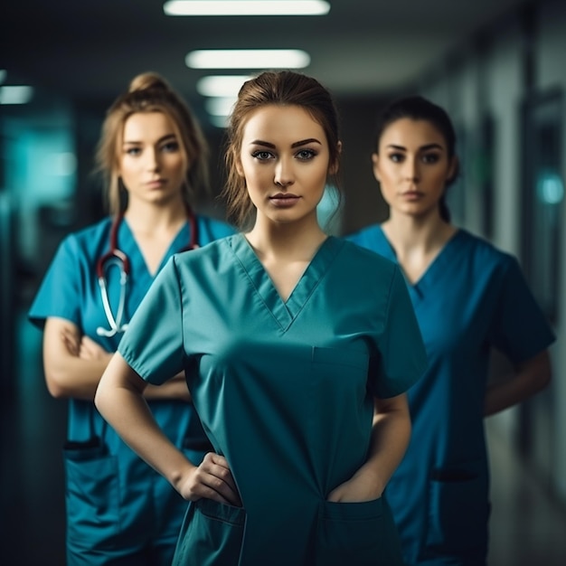 Portrait of a young nursing student standing with her team in hospital dressed in scrubs