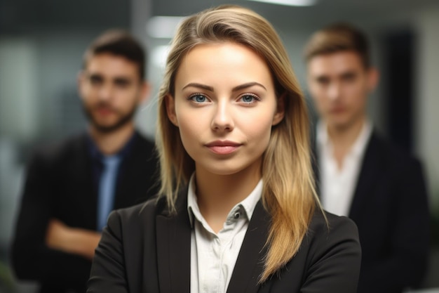 Portrait of a young office worker with colleagues in the background created with generative ai