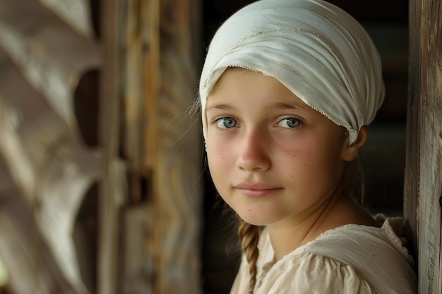 Portrait of a young peasant girl in a white cap