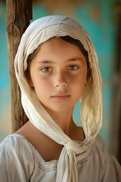 Portrait of a young peasant girl in a white cap