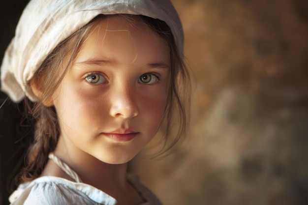 Portrait of a young peasant girl in a white cap