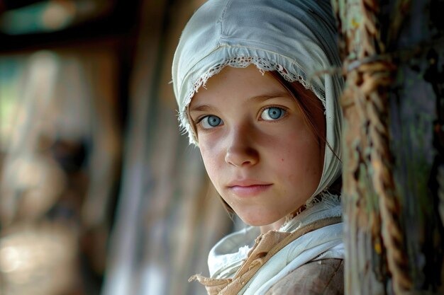 Portrait of a young peasant girl in a white cap