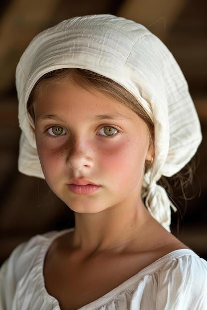 Portrait of a young peasant girl in a white cap