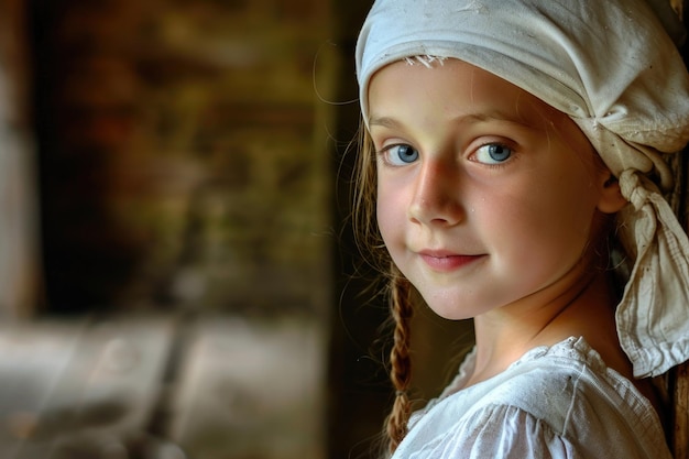 Portrait of a young peasant girl in a white cap