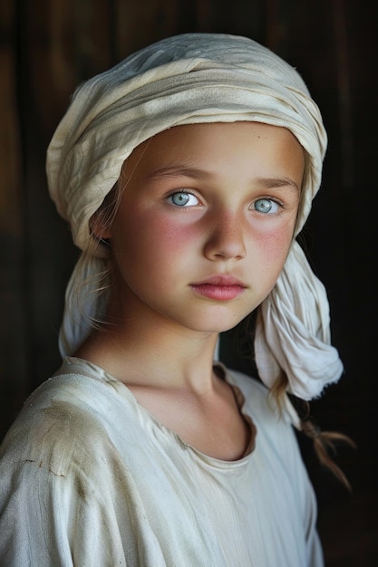 Portrait of a young peasant girl in a white cap