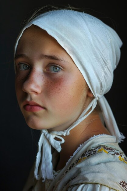 Portrait of a young peasant woman in a white cape