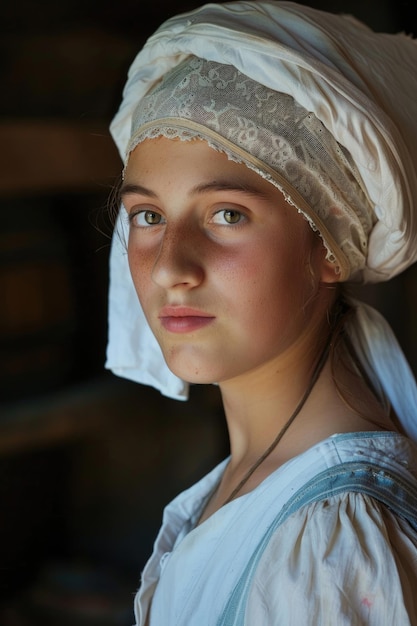 Portrait of a young peasant woman in a white cape