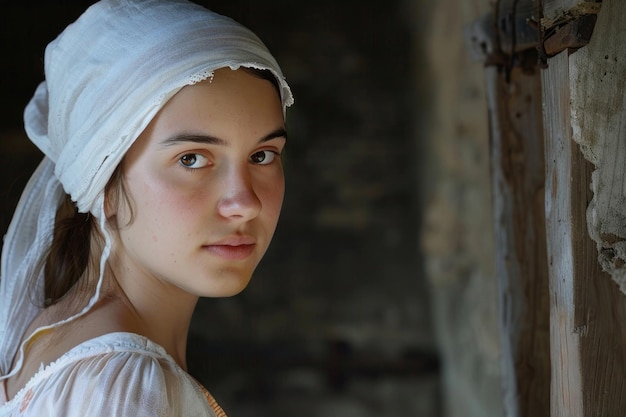 Portrait of a young peasant woman in a white cape