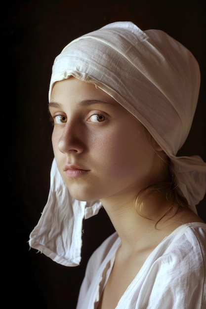 Portrait of a young peasant woman in a white cape