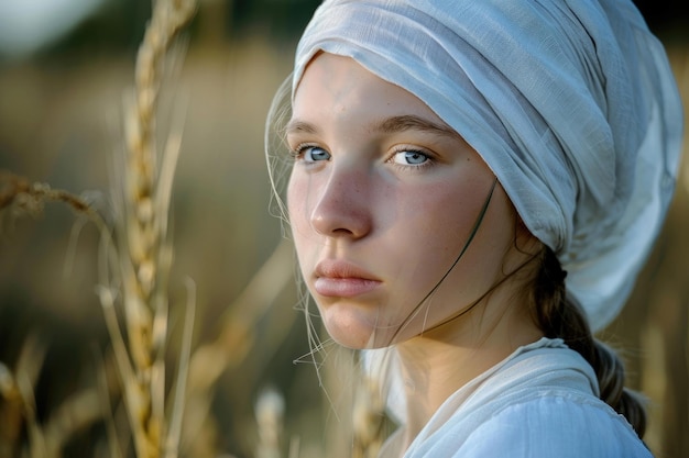 Portrait of a young peasant woman in a white cape