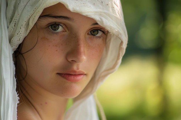 Portrait of a young peasant woman in a white cape