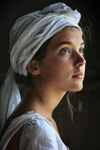 Portrait of a young peasant woman in a white cape