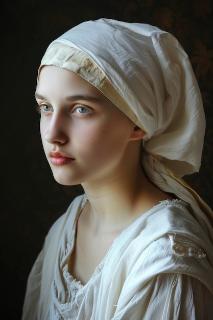 Portrait of a young peasant woman in a white cape