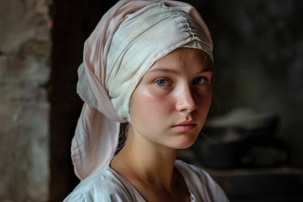 Portrait of a young peasant woman in a white cape