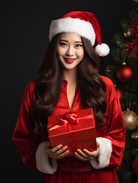 portrait young pretty asian woman in red santa claus costume smile and holding gift box in