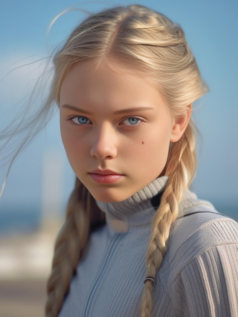 Portrait of young pretty blond girl with long hair in yellow summer sweater posing a Generative AI