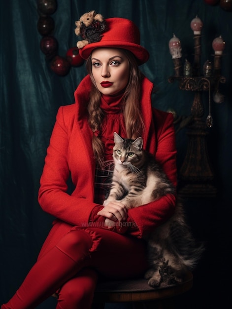 Portrait of young pretty girl with curly tails in red sweater and black hat like a c Generative AI