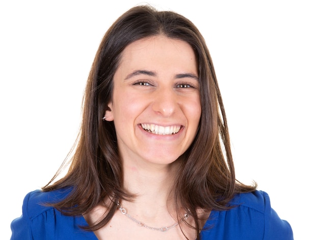 Portrait of young pretty positive girl smiling happy woman looking at camera over white background