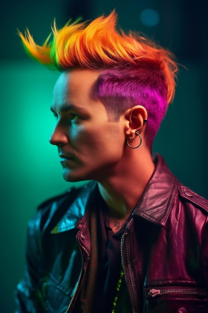 Portrait of a young punk man with colorful hair in a leather jacket