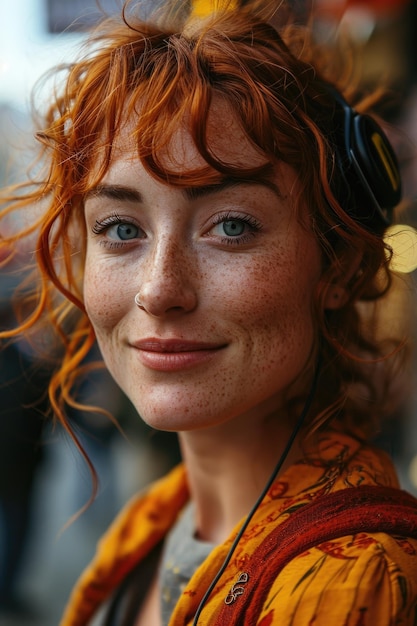 Portrait of a young redhaired woman against the background of a rainy street Long curly red hair