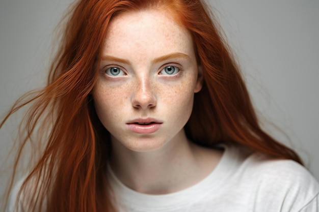 Portrait of a young redhead woman with freckles on her face