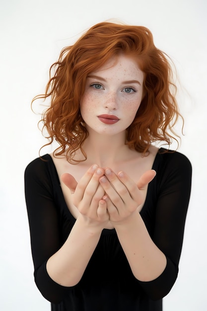 Photo portrait of a young redhead woman with freckles looking at the camera with her hands together