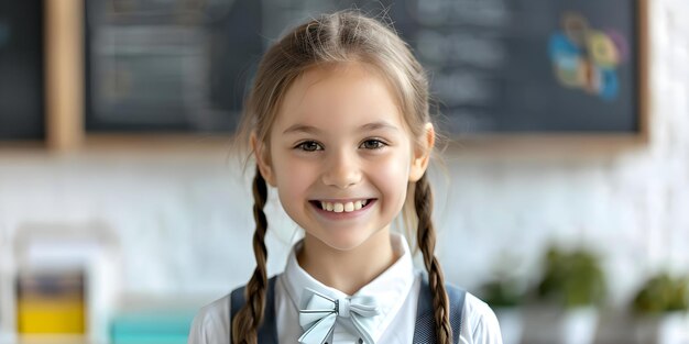 Portrait of a young schoolgirl in uniform smiling in a classroom setting Concept Schoolgirl Portrait Uniform Smiling Classroom