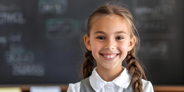 Portrait of a young schoolgirl in uniform smiling in front of a classroom representing education and learning Concept Education Learning Schoolgirl Uniform Classroom