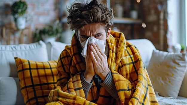 A portrait of a young sick man wearing a yellow blanket and sitting on sofa and suffering with her sickness with a blurry backdrop for text or product advertisement purpose Generative AI