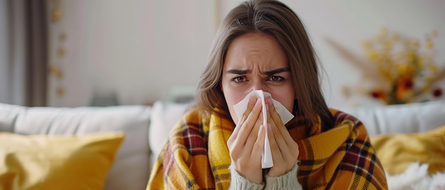 A portrait of a young sick woman wearing a yellow blanket and sitting on sofa and suffering with her sickness with a blurry backdrop for text or product advertisement purpose Generative AI