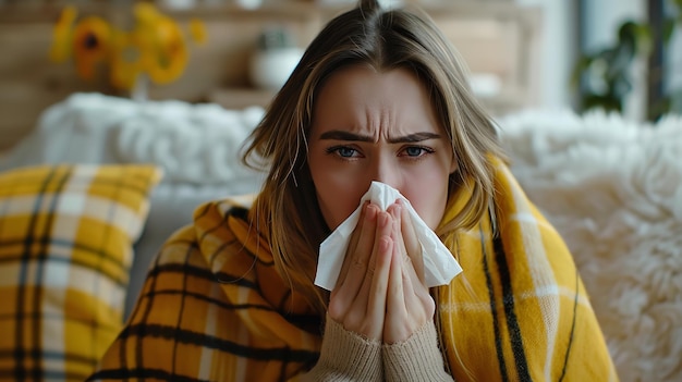 A portrait of a young sick woman wearing a yellow blanket and sitting on sofa and suffering with her sickness with a blurry backdrop for text or product advertisement purpose Generative AI