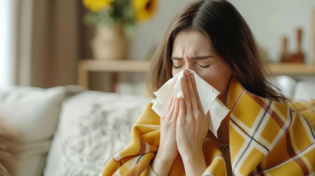 A portrait of a young sick woman wearing a yellow blanket and sitting on sofa and suffering with her sickness with a blurry backdrop for text or product advertisement purpose Generative AI