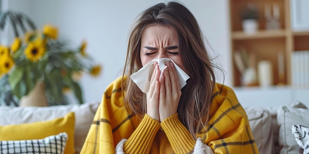 A portrait of a young sick woman wearing a yellow blanket and sitting on sofa and suffering with her sickness with a blurry backdrop for text or product advertisement purpose Generative AI