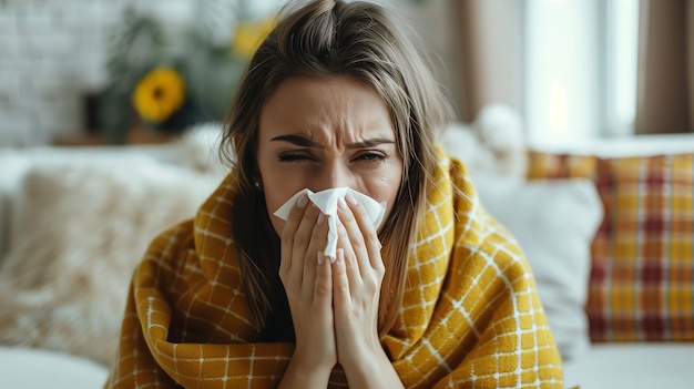 A portrait of a young sick woman wearing a yellow blanket and sitting on sofa and suffering with her sickness with a blurry backdrop for text or product advertisement purpose Generative AI