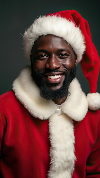 Photo portrait of young smiling black african man dressed as santa claus traditional clothes festive celeb