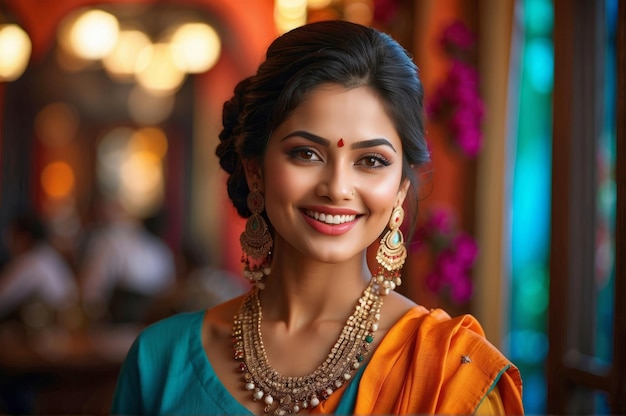 Portrait of young smiling elegant Indian princess with dark hair and ornaments looking at the camera