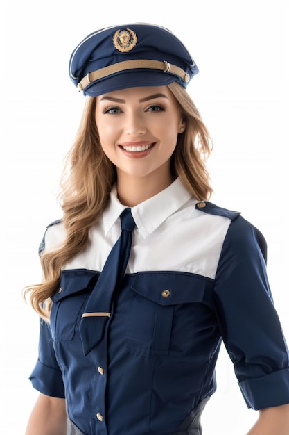 Portrait of a young smiling female airplane pilot on a white background