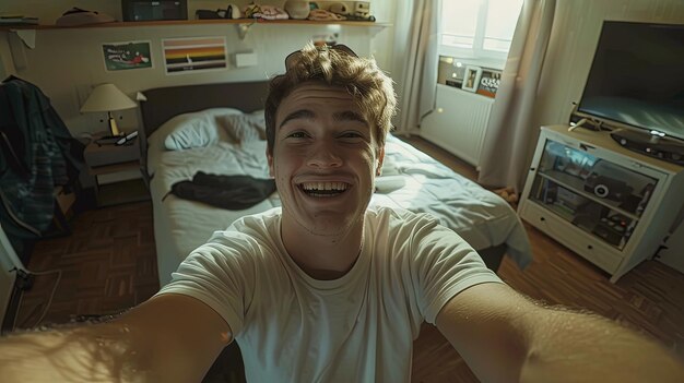 Portrait of young smiling man alone in room at home