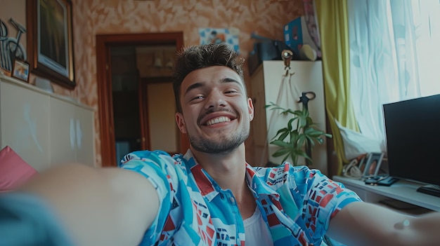 Portrait of young smiling man alone in room at home