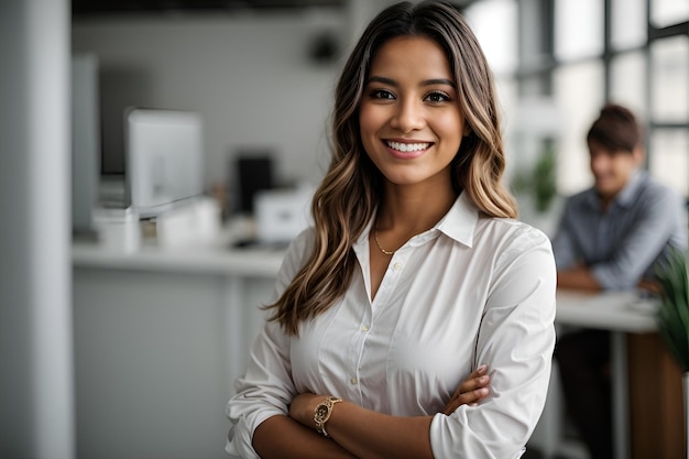 Portrait of young smiling woman looking at camera with crossed arms Happy girl standing in creative