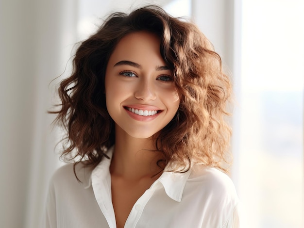 Portrait of a young smiling woman in the office near the window on a light background