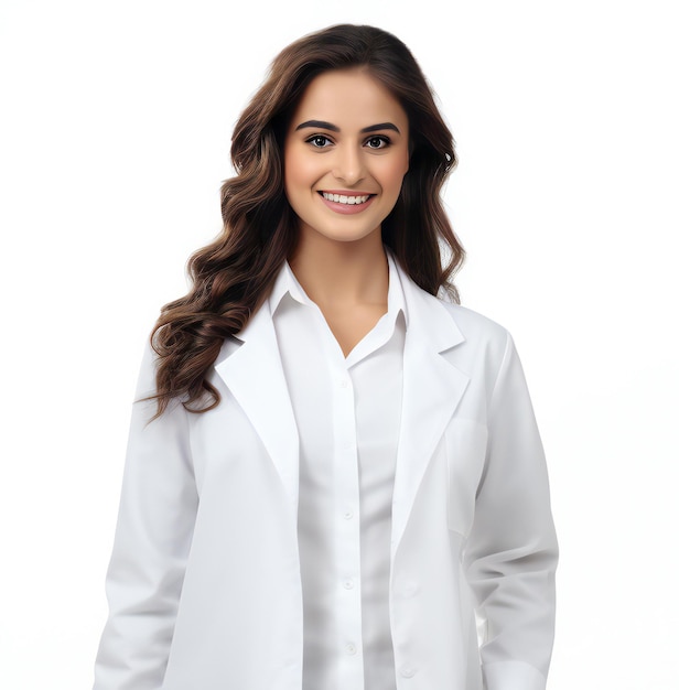 Portrait of young smiling woman in white coat isolated on white background