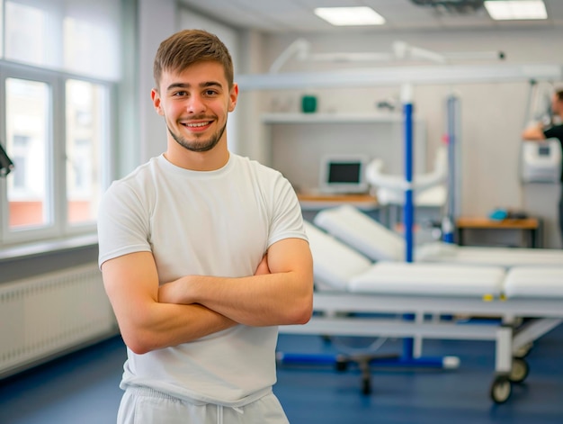 portrait of young sporty physiotherapist in a physic room