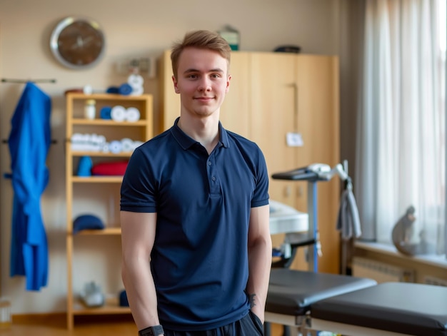 portrait of young sporty physiotherapist in a physic room