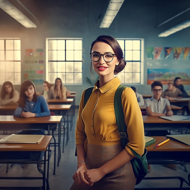 Portrait of a young teacher posing at the camera in classroom