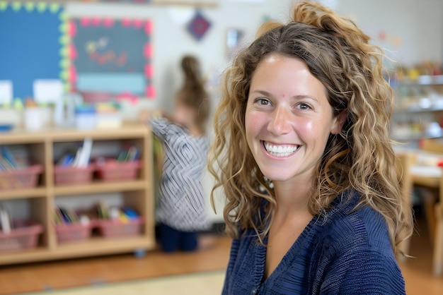 Portrait of a young teacher sitting and smiling at school in class