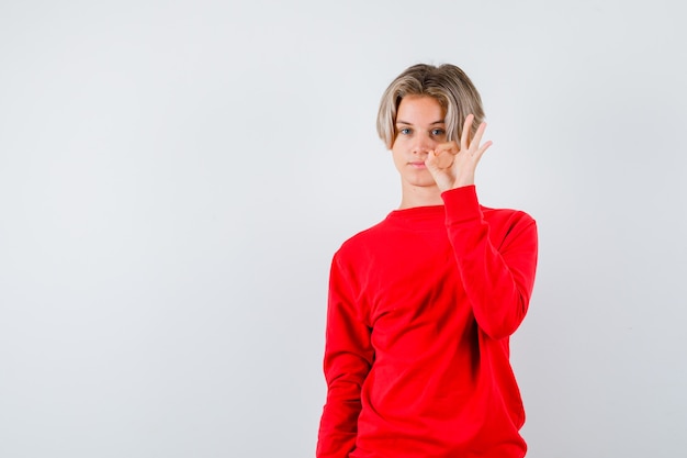 Portrait of young teen boy showing ok gesture in red sweater and looking pleased front view