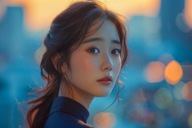 Portrait of a Young Woman Against a Twilight City Backdrop with Glowing Bokeh Lights